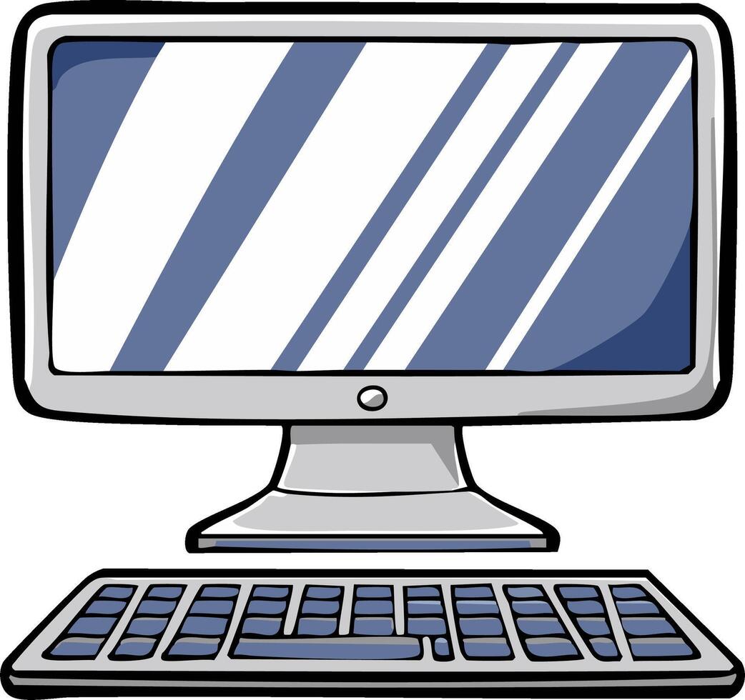 Computer desktop setup cartoon illustration featuring a monitor and keyboard for office work or technology projects vector