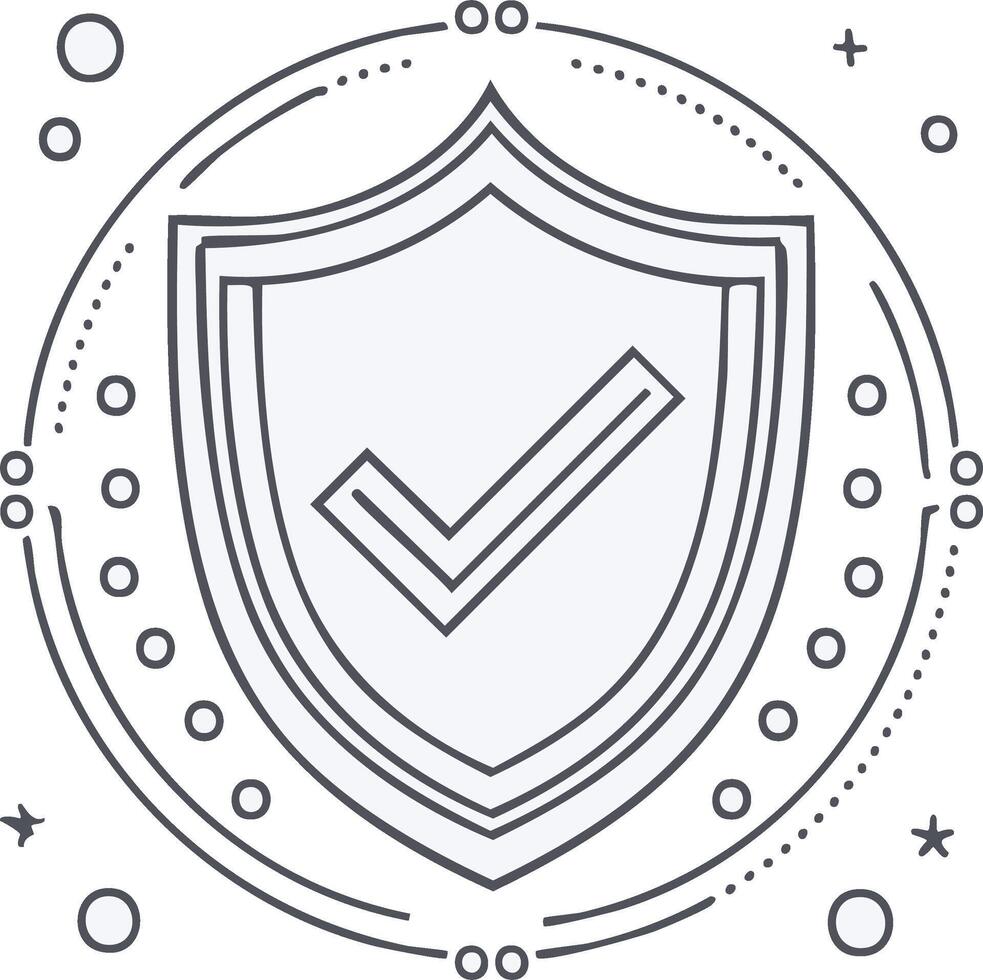 Stylized Protective Shield Icon with Check Mark, Line Art Security Symbol, Secure Protection and Verification vector