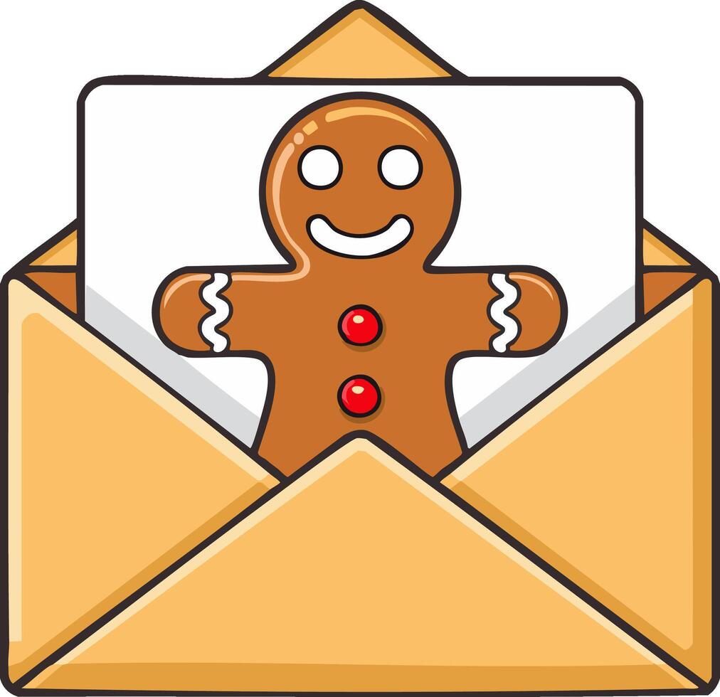 Gingerbread man character peeking out from an opened envelope vector
