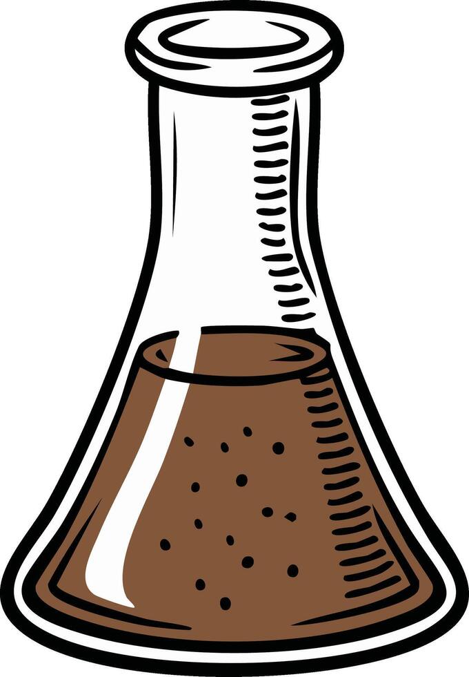 Cartoon Erlenmeyer flask filled with a brown bubbling liquid for a science experiment vector