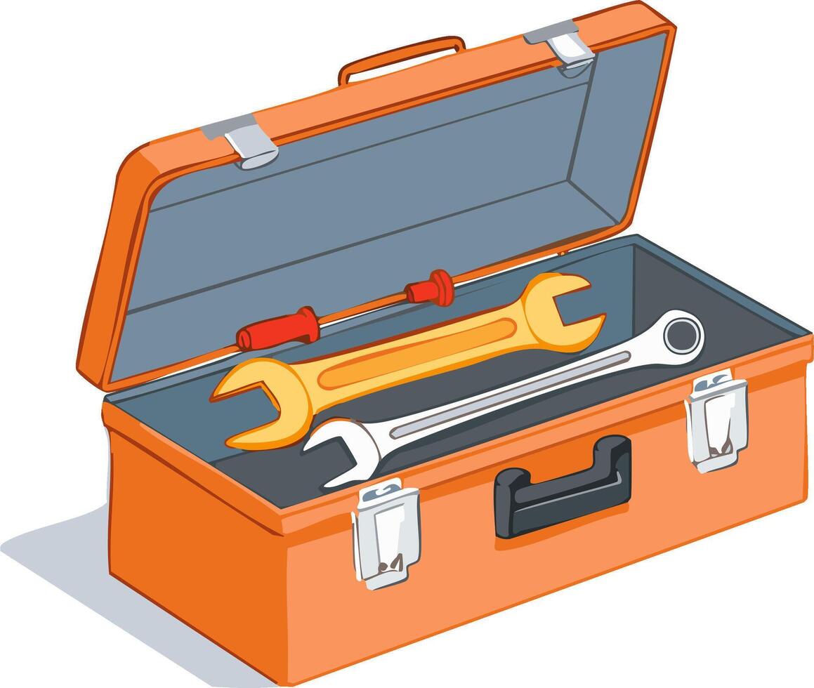 Open Orange Toolbox with Wrenches and Screwdrivers Inside vector