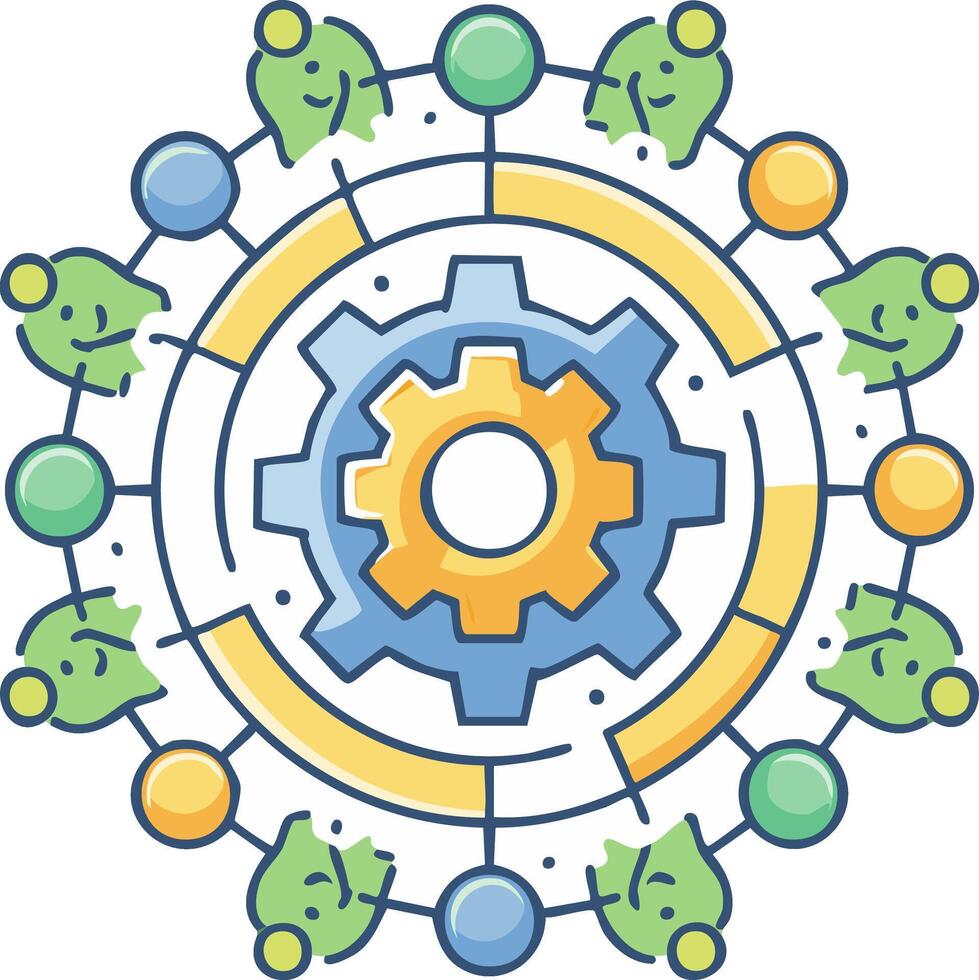 Circular process illustration with gear and connected elements representing teamwork or system integration vector