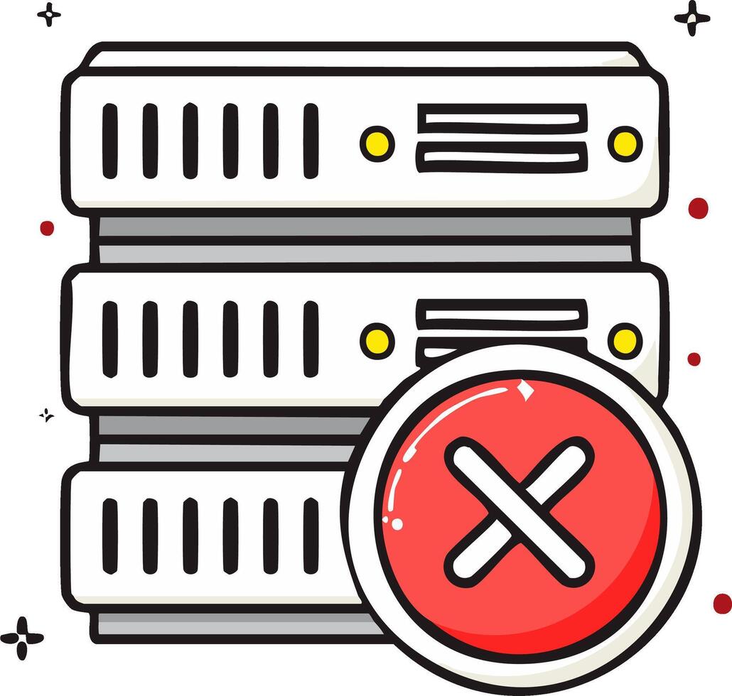 Server stack with error symbol indicating connection problems or maintenance downtime failure of data base system vector