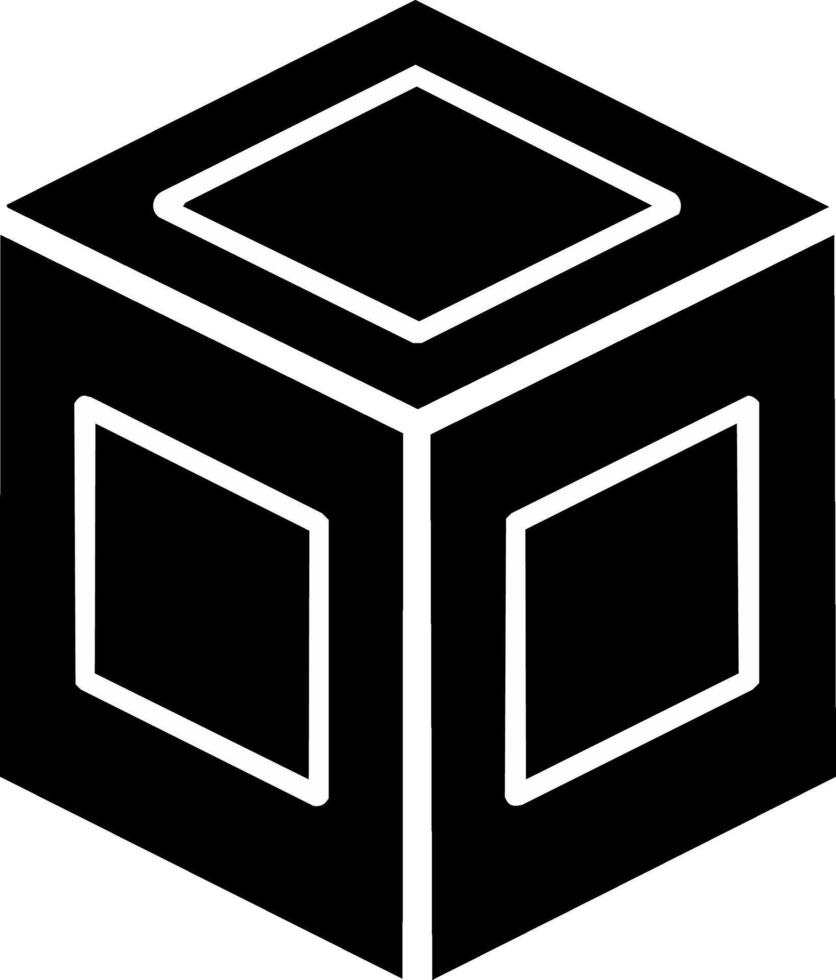 Black cube icon with bold white outlines in a 3D isometric perspective graphic vector