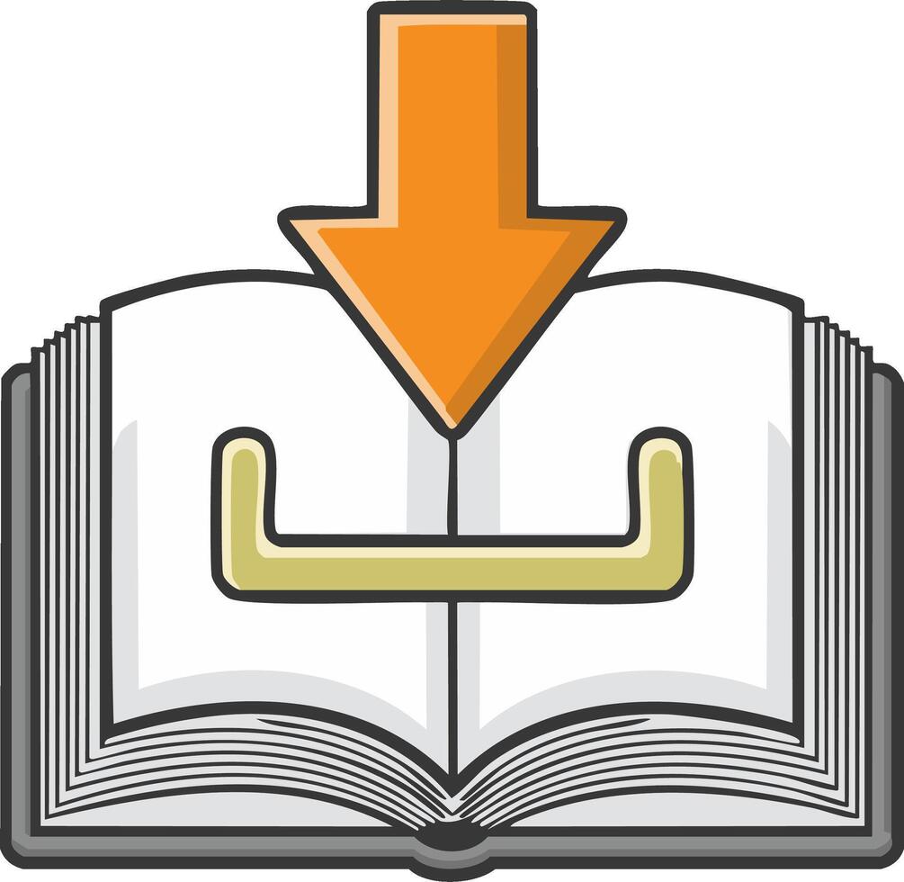 Open book with orange download arrow icon representing digital e-book access, online learning, and content acquisition vector