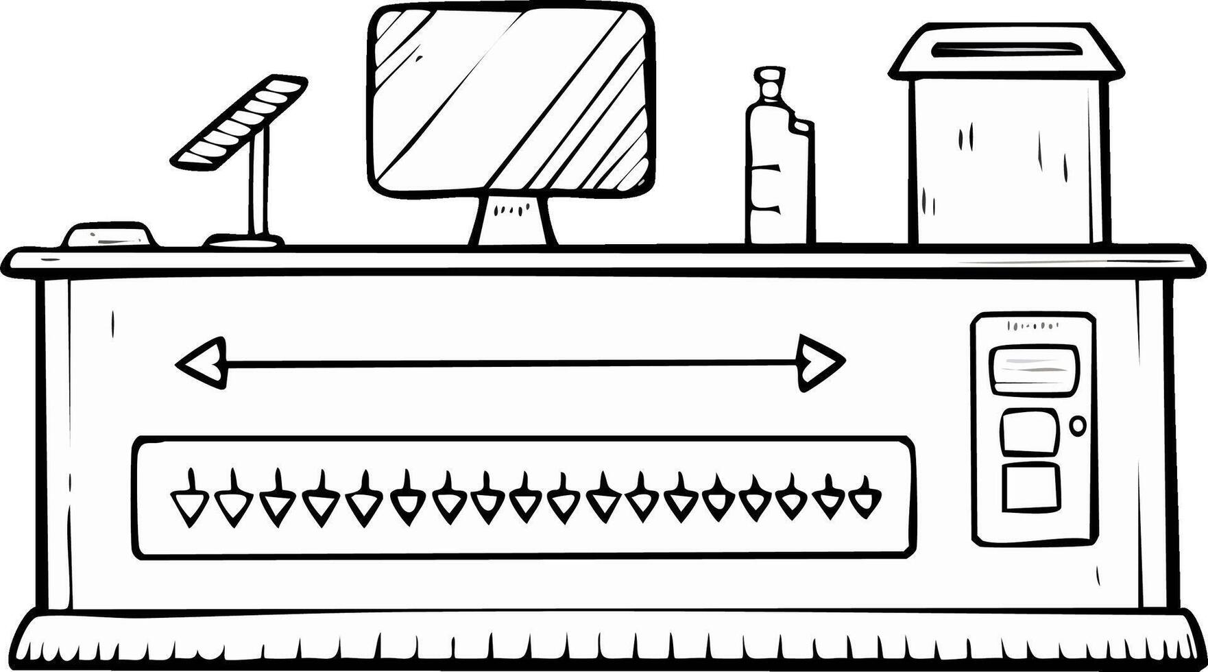 Stylized Check-out Counter with Arrows and Buttons in Line Art Style vector
