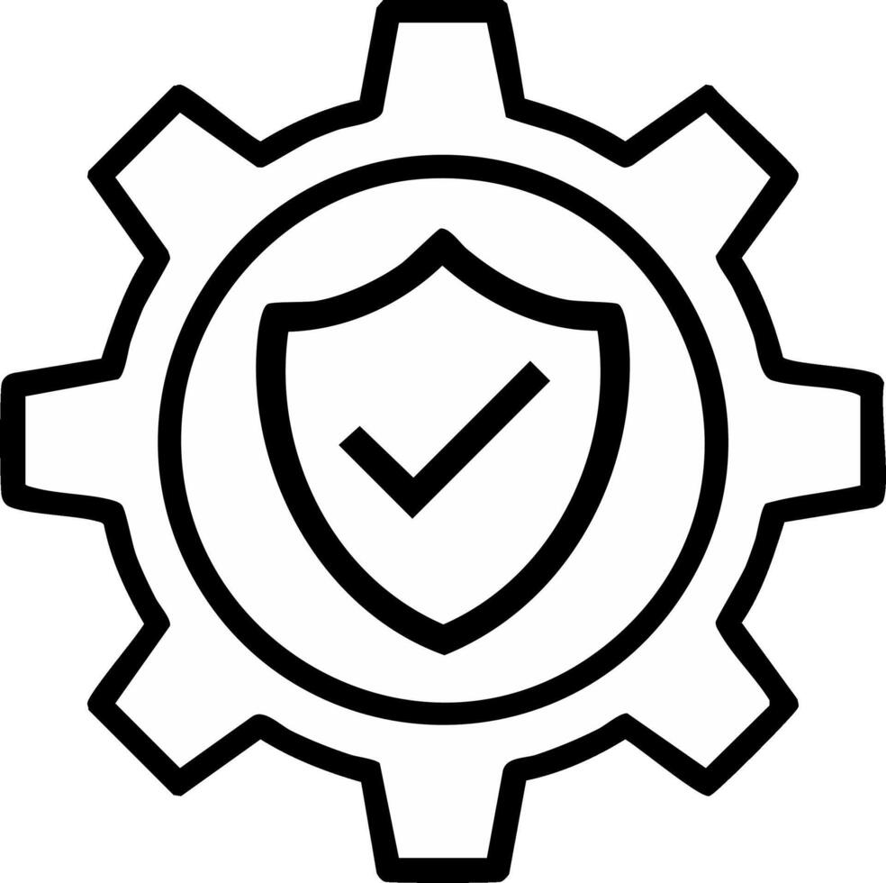 Gear Icon with Shield and Check Mark Depicting Security and Protection Outline vector