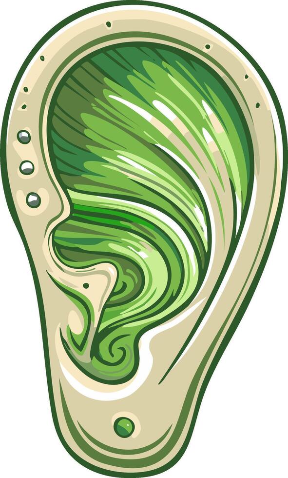 Conceptual Illustration of a Human Ear Featuring Dynamic Green Abstract Patterns and Piercings vector