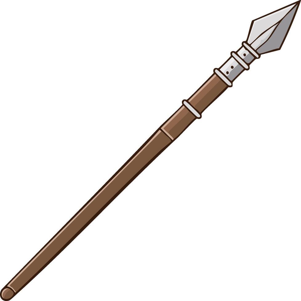 Simple cartoon illustration of a sharp spear weapon with brown handle and metal tip vector