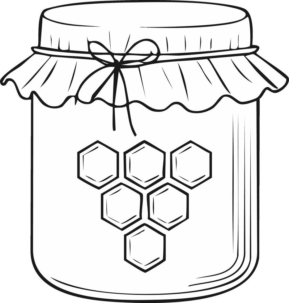 Hand drawn jar of honey with honeycomb pattern and fabric lid tied with a bow vector