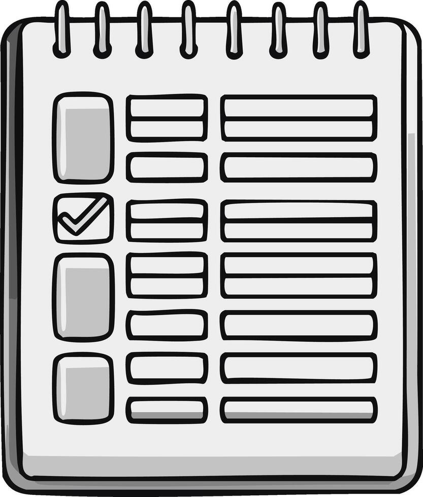 Cartoon notepad with checked box, task list, and blank squares vector