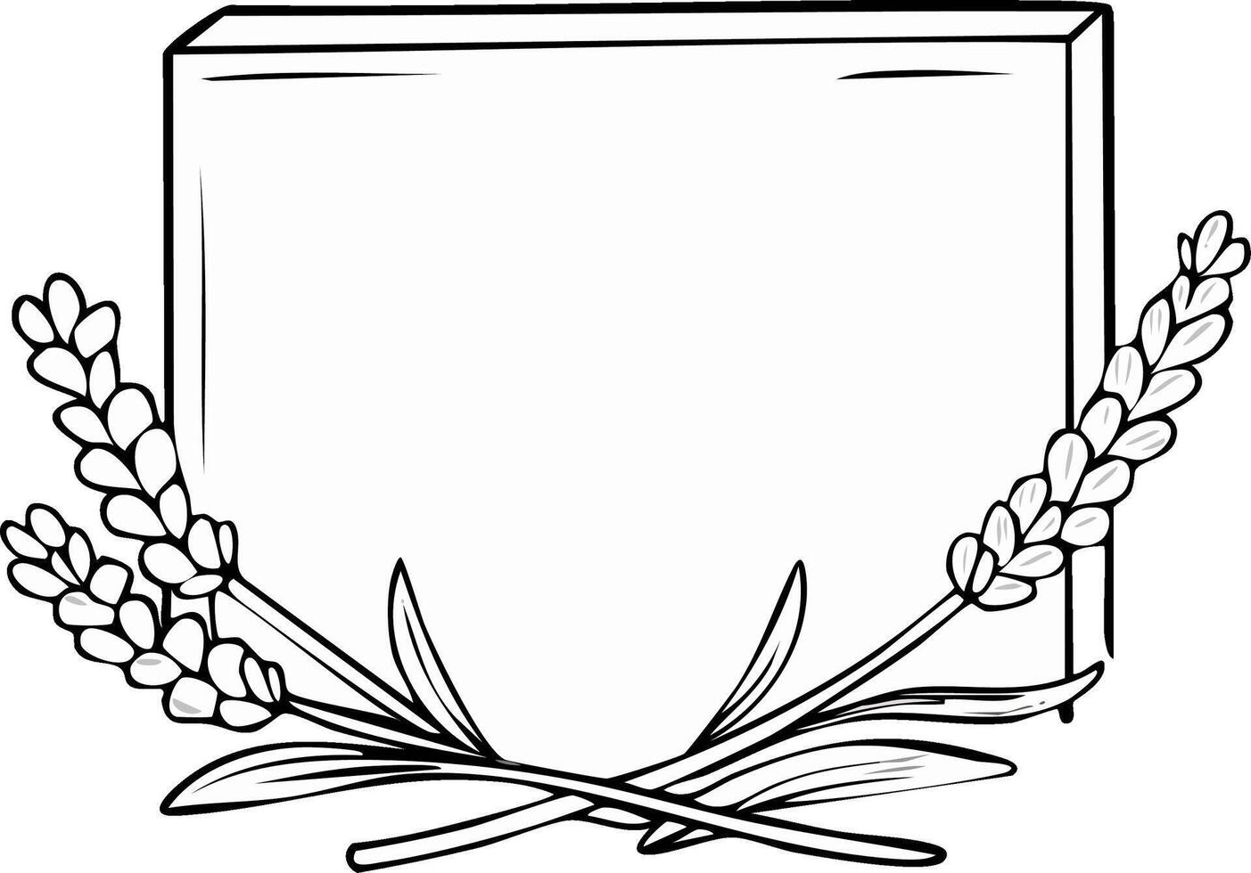 Blank rectangular frame adorned with artistic sketch of lavender sprigs and leaves vector