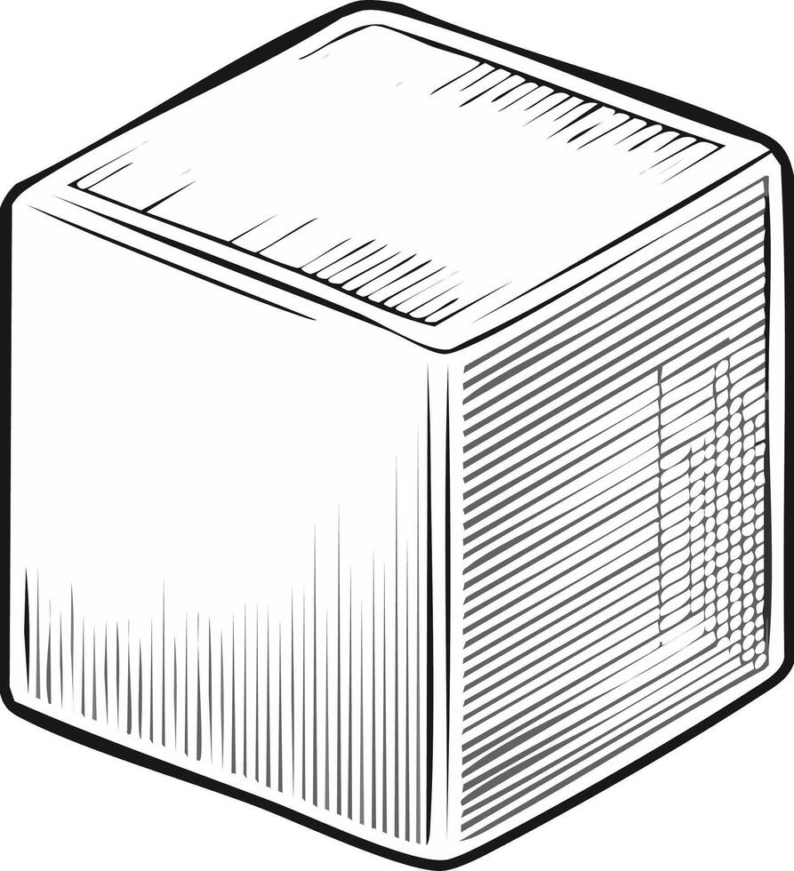 Line art illustration of a three dimensional cube box with textured surfaces and rounded edges vector