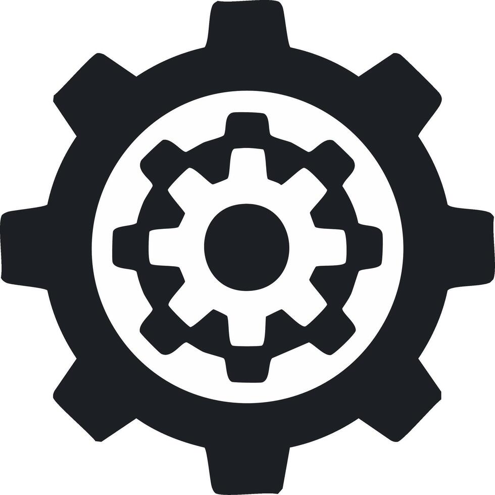 Gear mechanism icon with interlocking cogwheels, machine parts in black and white, mechanical operation vector