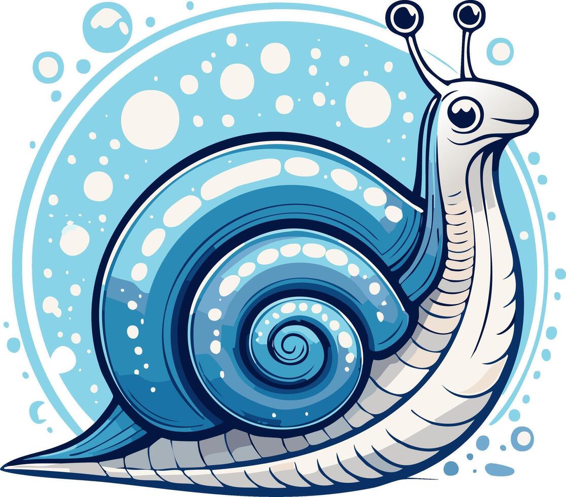 Stylized blue snail with bubble background featuring a glossy shell and cartoon character elements vector
