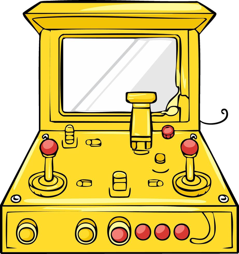 Cartoon illustration of a yellow arcade game console with joysticks and buttons vector