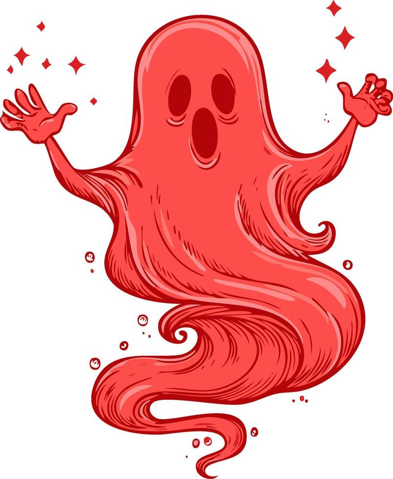 Whimsical Red Ghost Character Floating with Sparkles and Bubbles vector