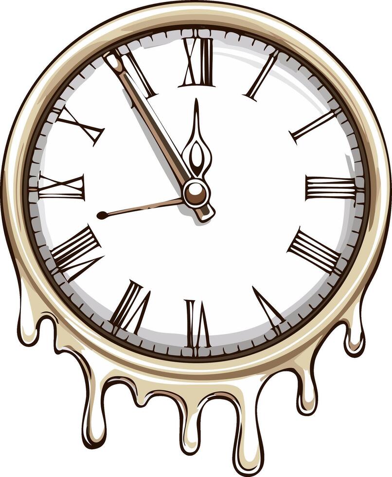Surreal dripping clock face with Roman numerals representing time distortion and urgency vector