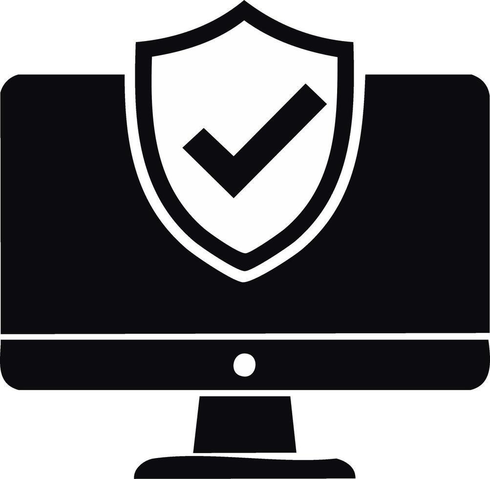 Cybersecurity icon with protected computer monitor and shield with checkmark for system security vector