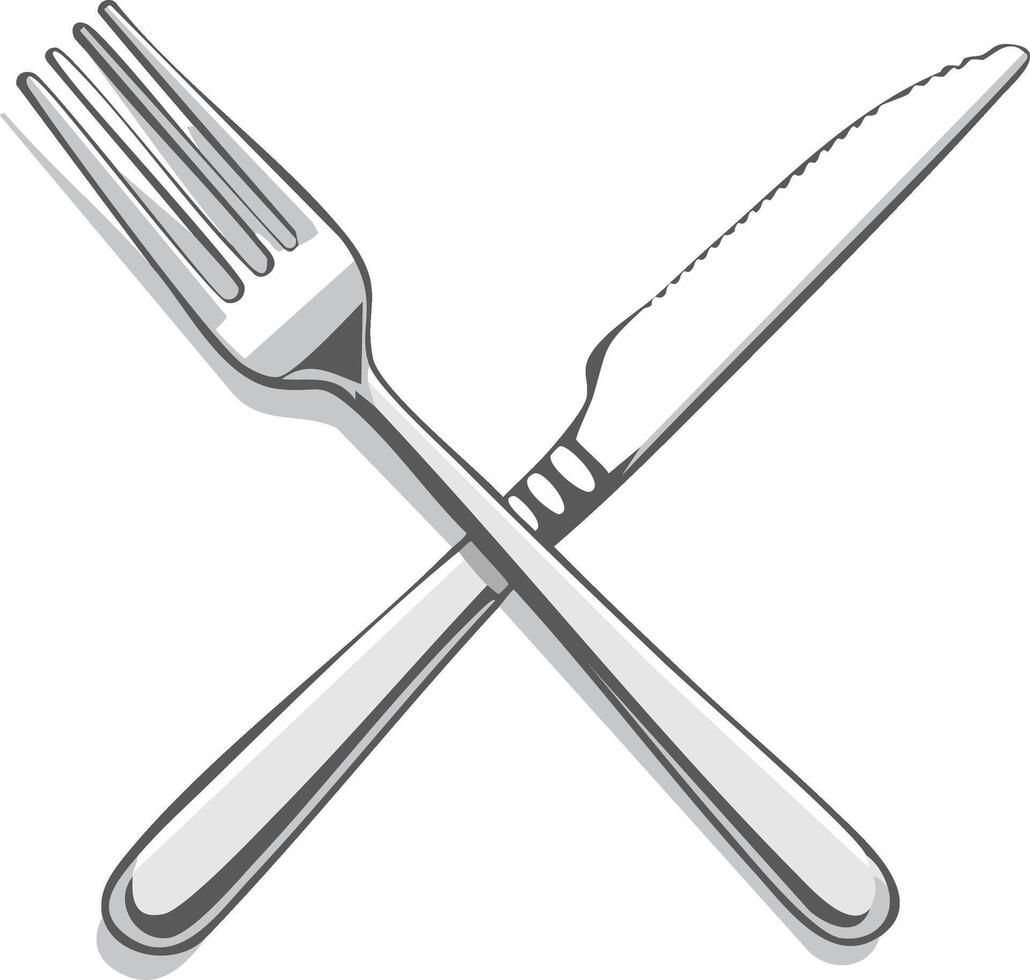 Crossed silver fork and knife, isolated illustration style, place setting utensils for dining symbol, realistic design vector