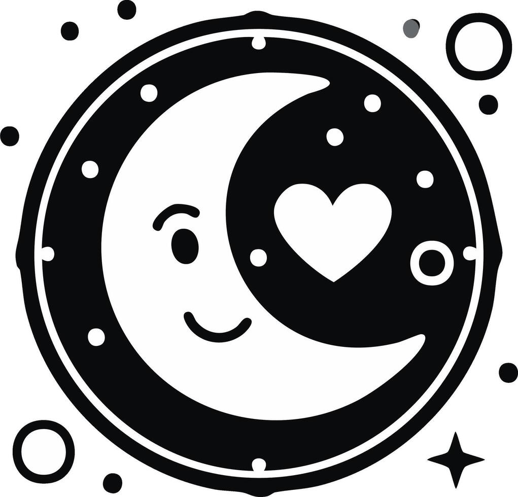 Charming Crescent Moon with Heart, Smiling Face, and Starry Celestial Elements vector