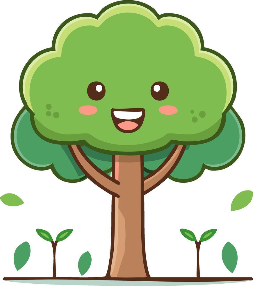 Cute smiling tree character with growing saplings for nature and ecology concepts vector