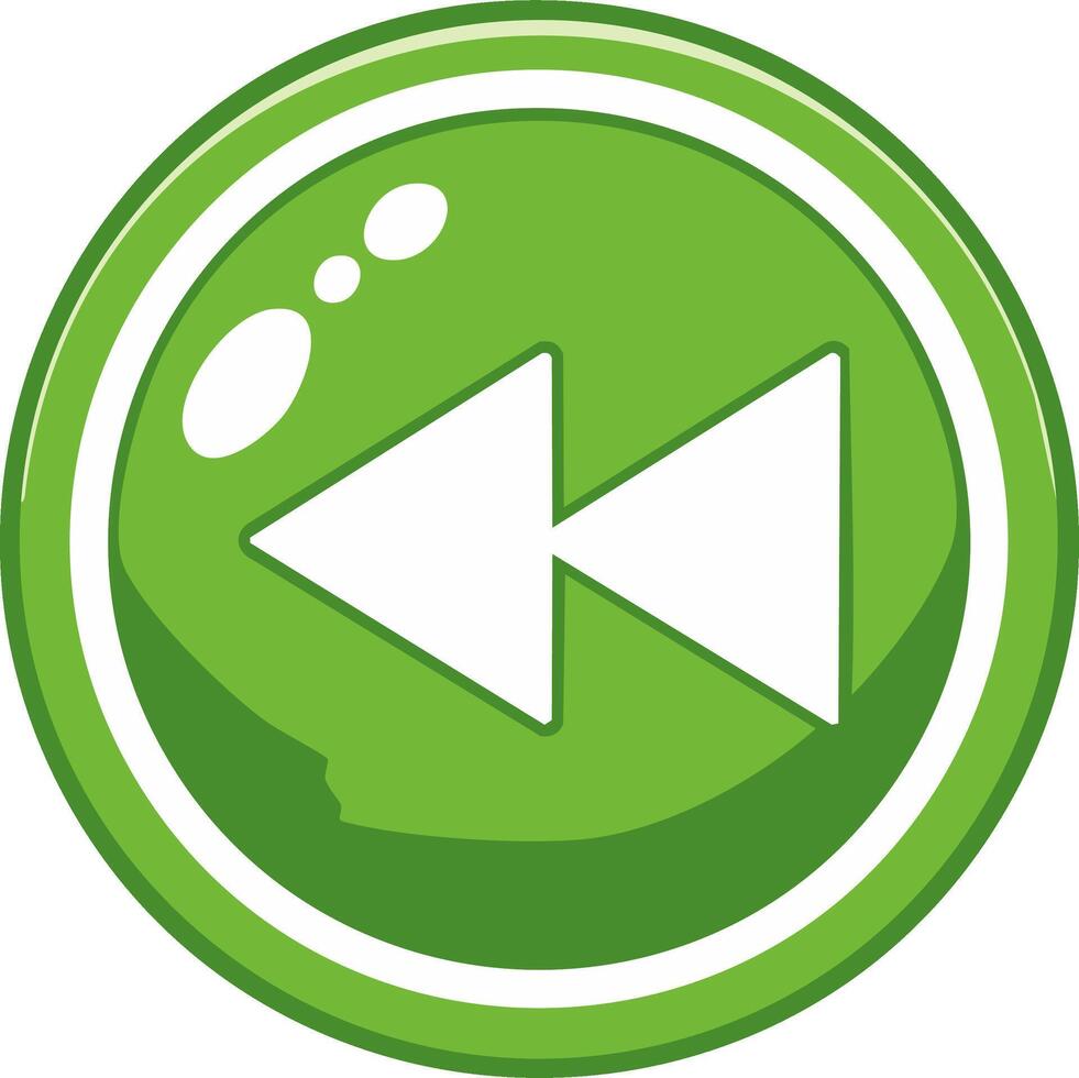 Green Rewind Button with Glossy Finish and Arrows for Backward Movement vector