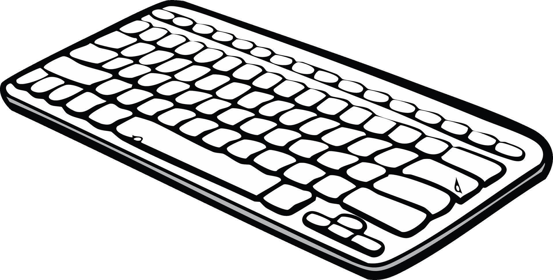 Illustration of a wireless keyboard, keys for a computer, outline, black and white image vector