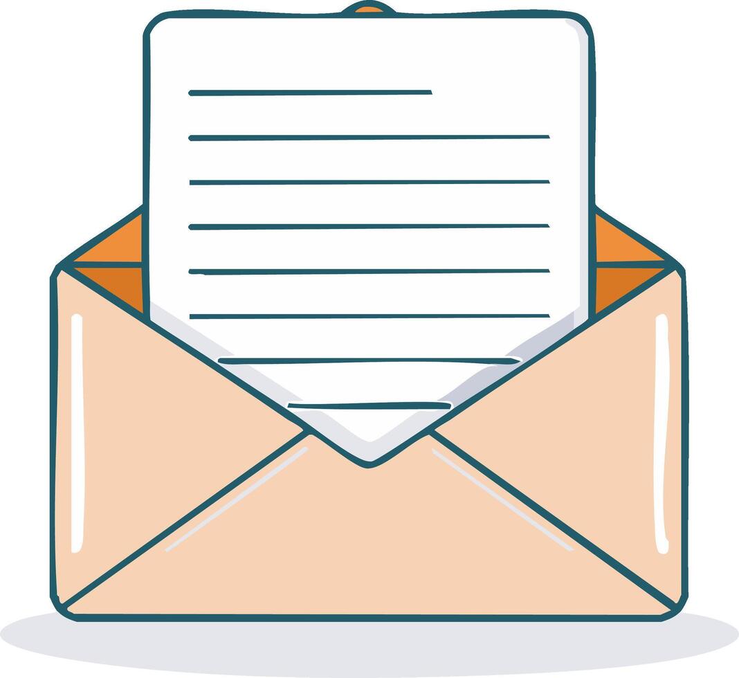 Doodle illustration of an open mail envelope with a letter, representing communication and message vector