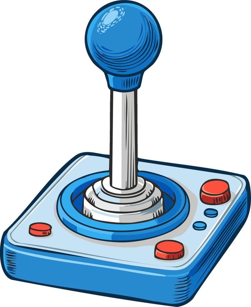 Retro game console joystick with a blue handle, red buttons, and a classic design vector