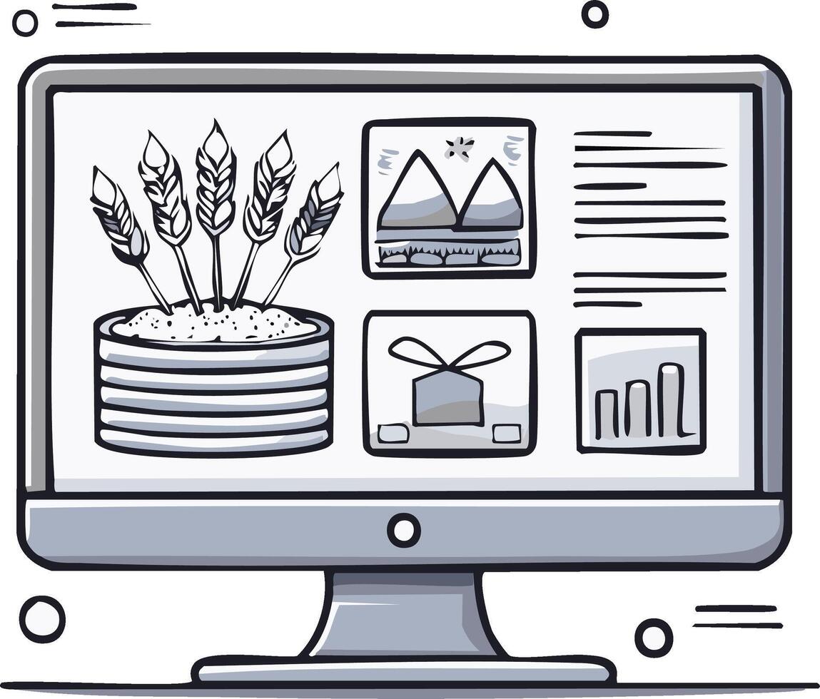 bosquejo ilustración de un agrícola tecnología sitio web en un computadora monitor con trigo y datos cartas vector