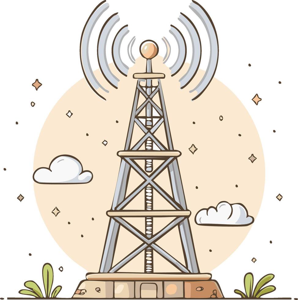 Illustration of a broadcasting tower transmitting waves amid nature elements and celestial sparkles vector