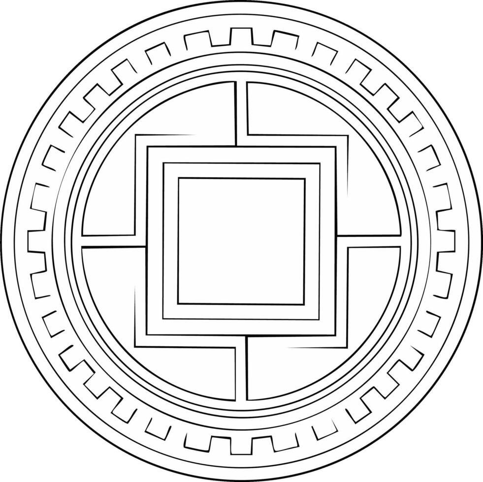 Minimalist Circular Geometric Symbol Abstract Design Concentric Square Patterns Intricate Decorative Outline Black White Line Art vector