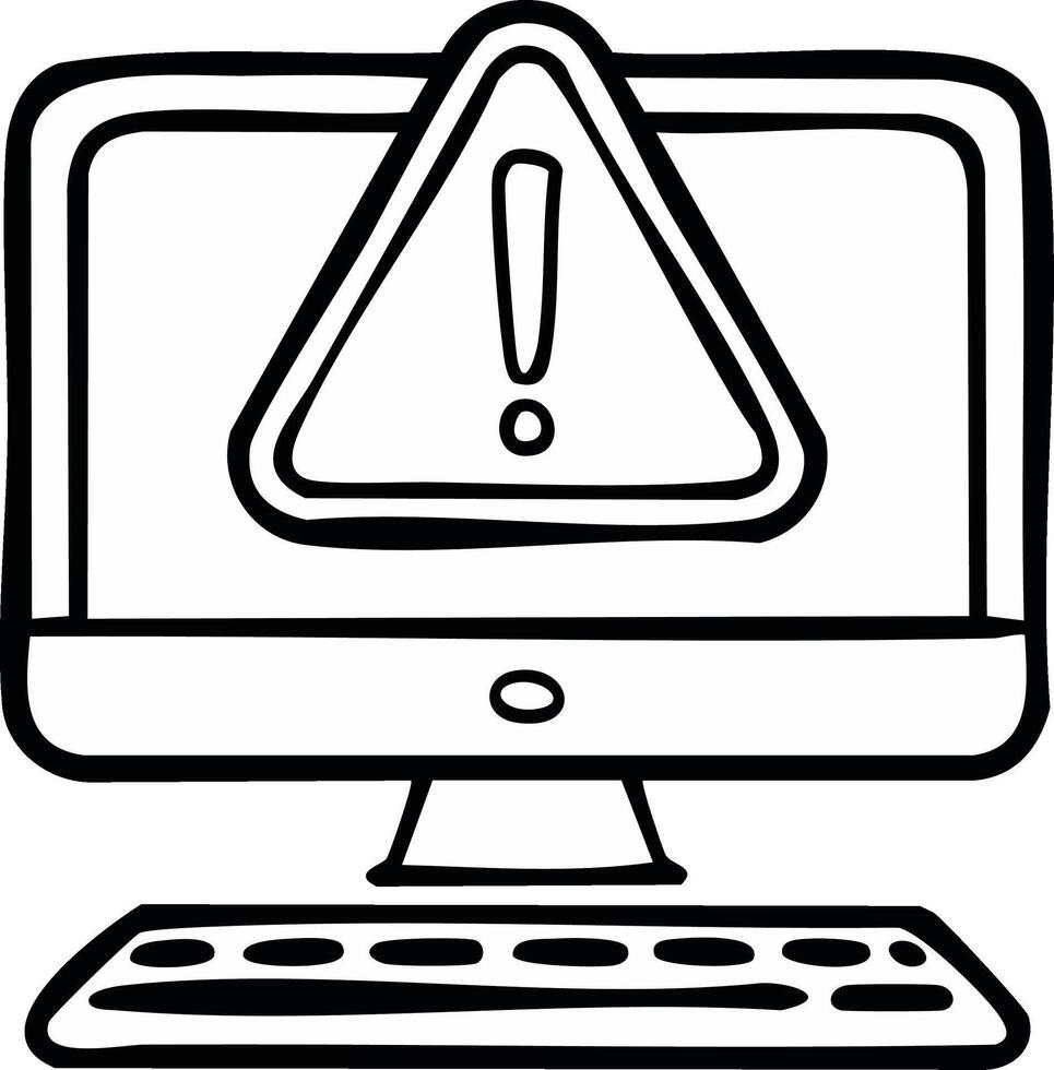 Hand-drawn desktop computer monitor showing a warning error alert symbol with a keyboard vector