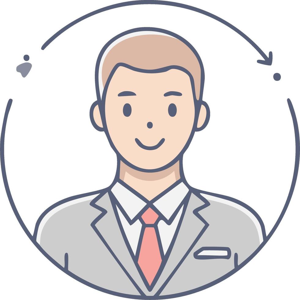 Smiling Man in Suit Icon with Circular Progress Arrow and Dots Symbolizing Interaction vector