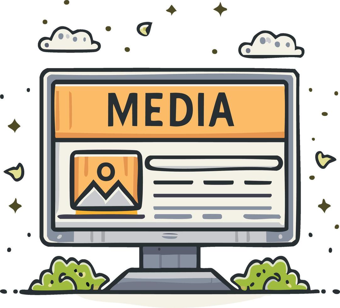 Digital media content display on a computer monitor with playful elements vector