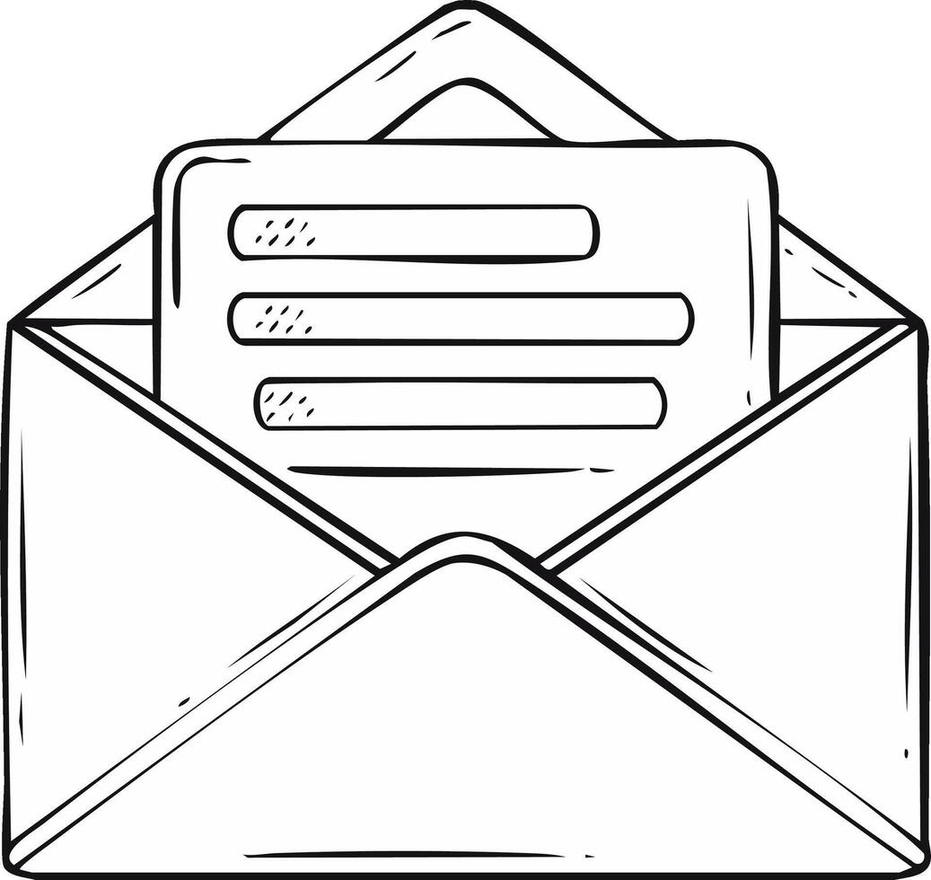 Hand drawn open envelope with a letter and three lines of text vector