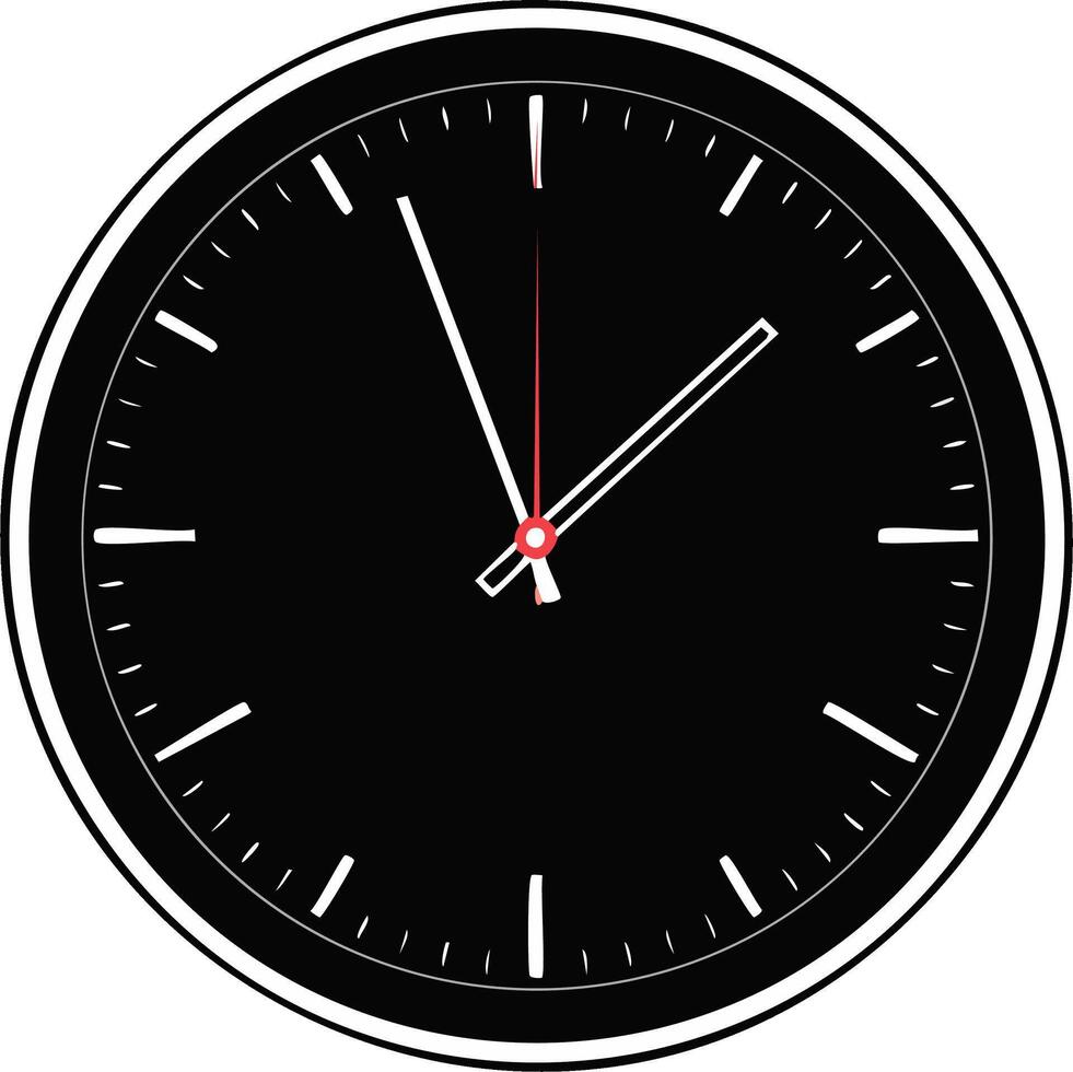 Black Analog Clock Face with White Markings and Red Second Hand vector