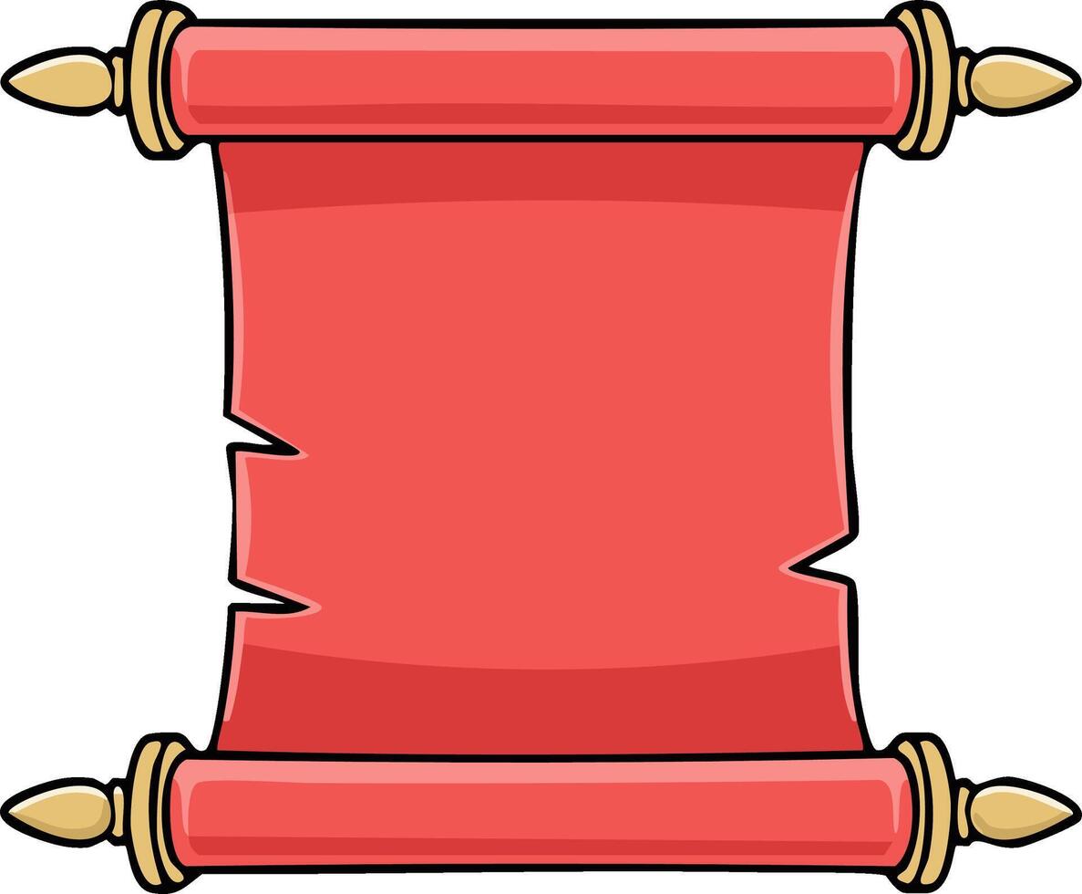 Red scroll of ancient design with gold ornaments, cartoon style vector
