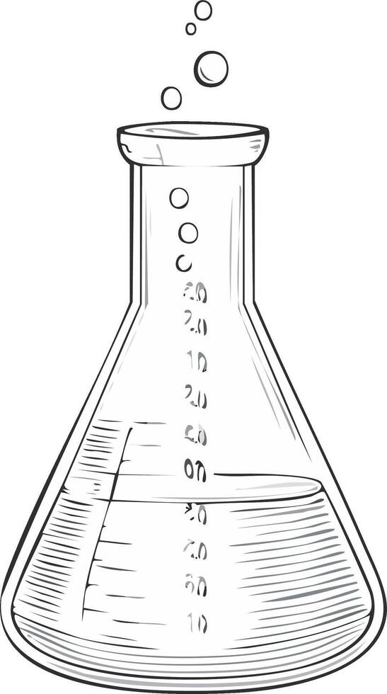 Sketch of Erlenmeyer Flask with Bubbles and Liquid for Chemical Experiments vector