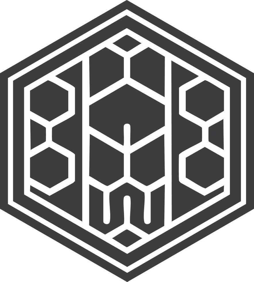 resumen geométrico hexagonal emblema con intrincado lineal patrones y estilizado interno elementos vector