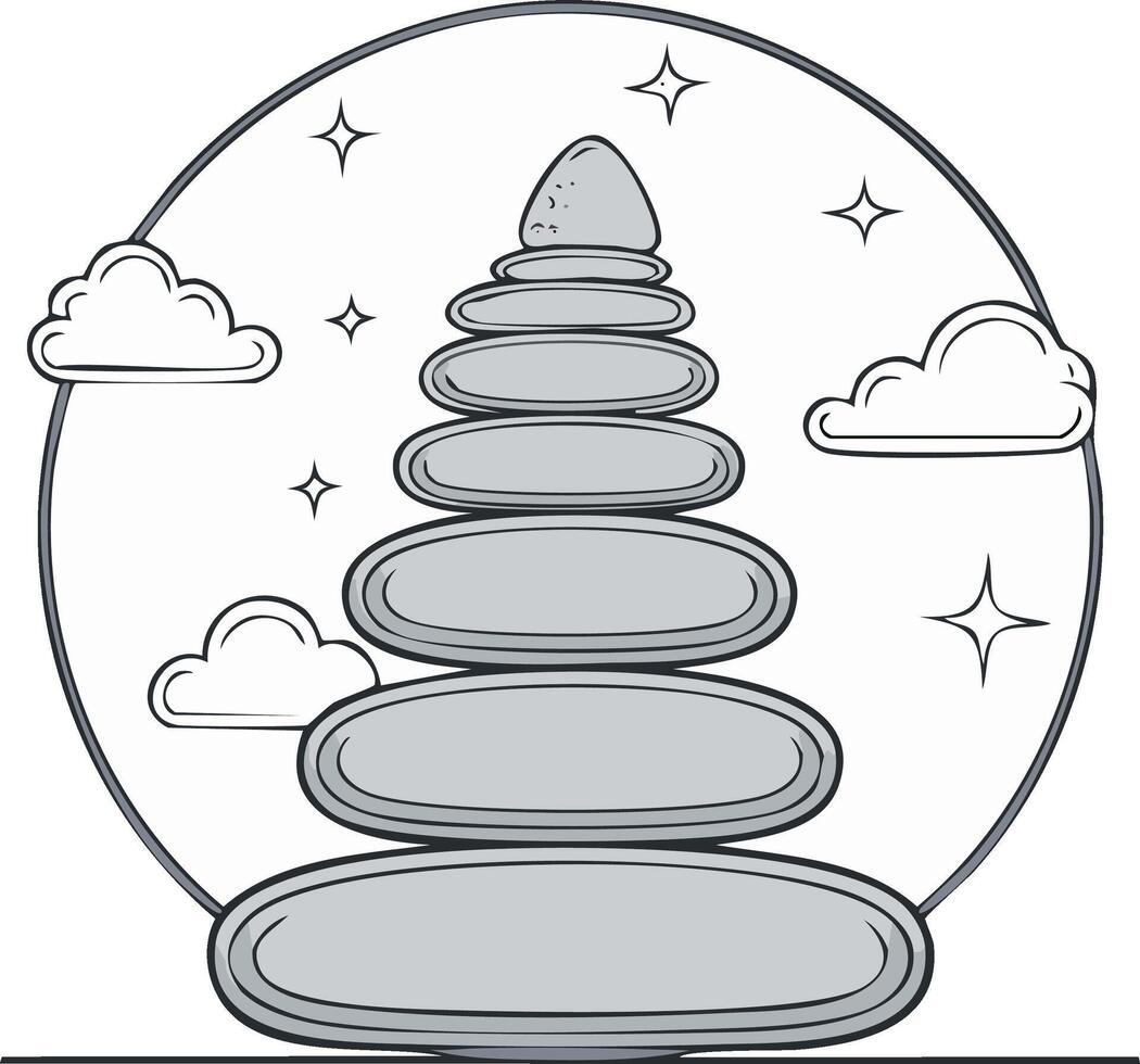 Balanced stack of smooth grey stones in a circle with clouds and stars illustration vector