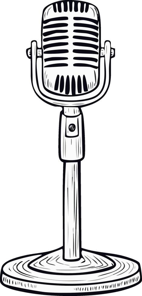 Classic microphone on stand line art sketch illustration for audio recordings and broadcasting content vector