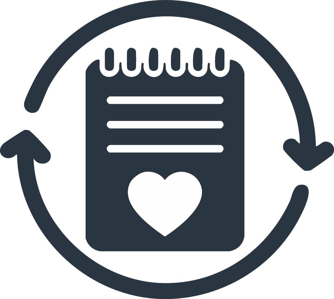 Circular arrows surround a notebook with lines and a heart symbol indicating review or renewal vector