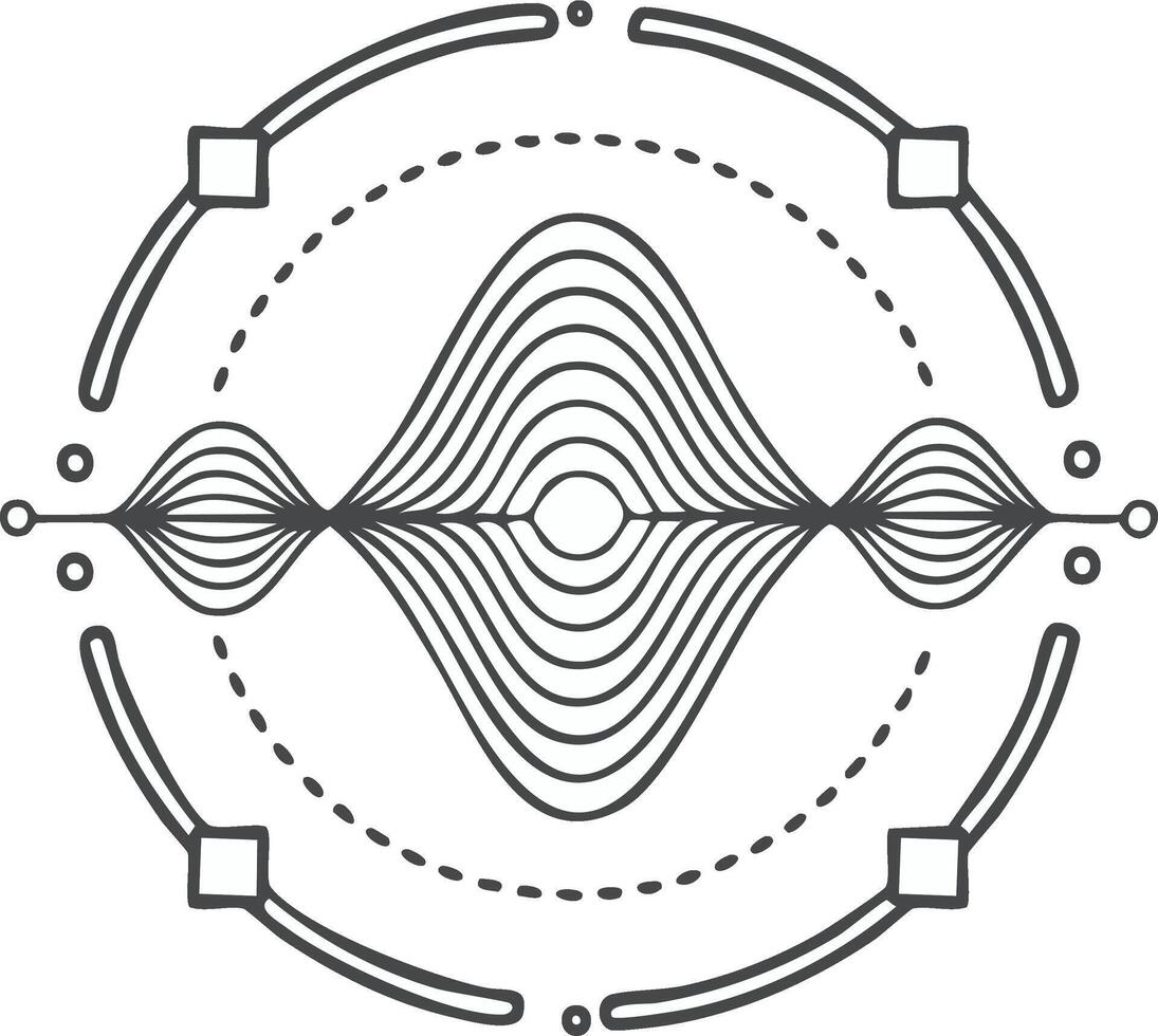 Abstract line art illustration of a futuristic signal wave within a geometric circle vector