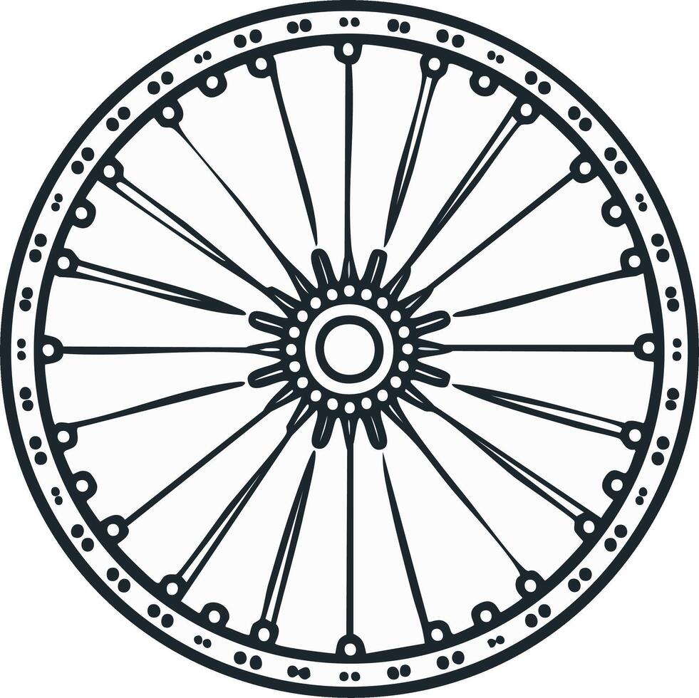 Detailed bicycle wheel drawing with spokes and outer circle dots in black and white, creating geometric pattern vector