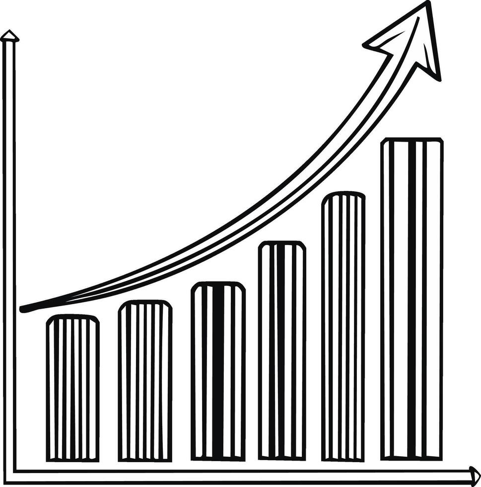 Monochrome line art of a growing bar chart with an upward arrow showing success and financial progress vector