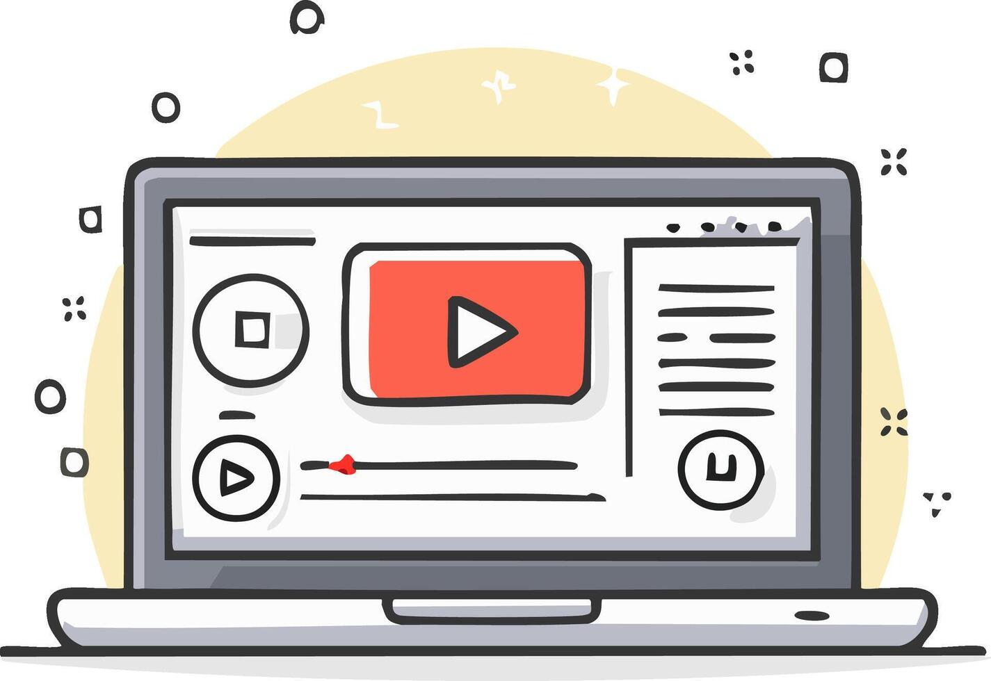 Laptop with red play button, media player interface, and control icons, cartoon style vector