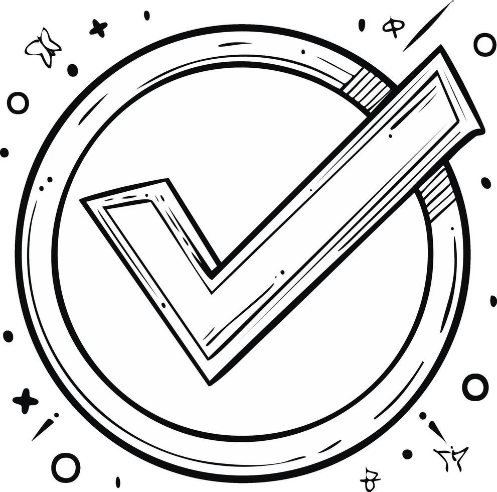Hand drawn check mark in a circle, a sketchy doodle icon of success and approval vector