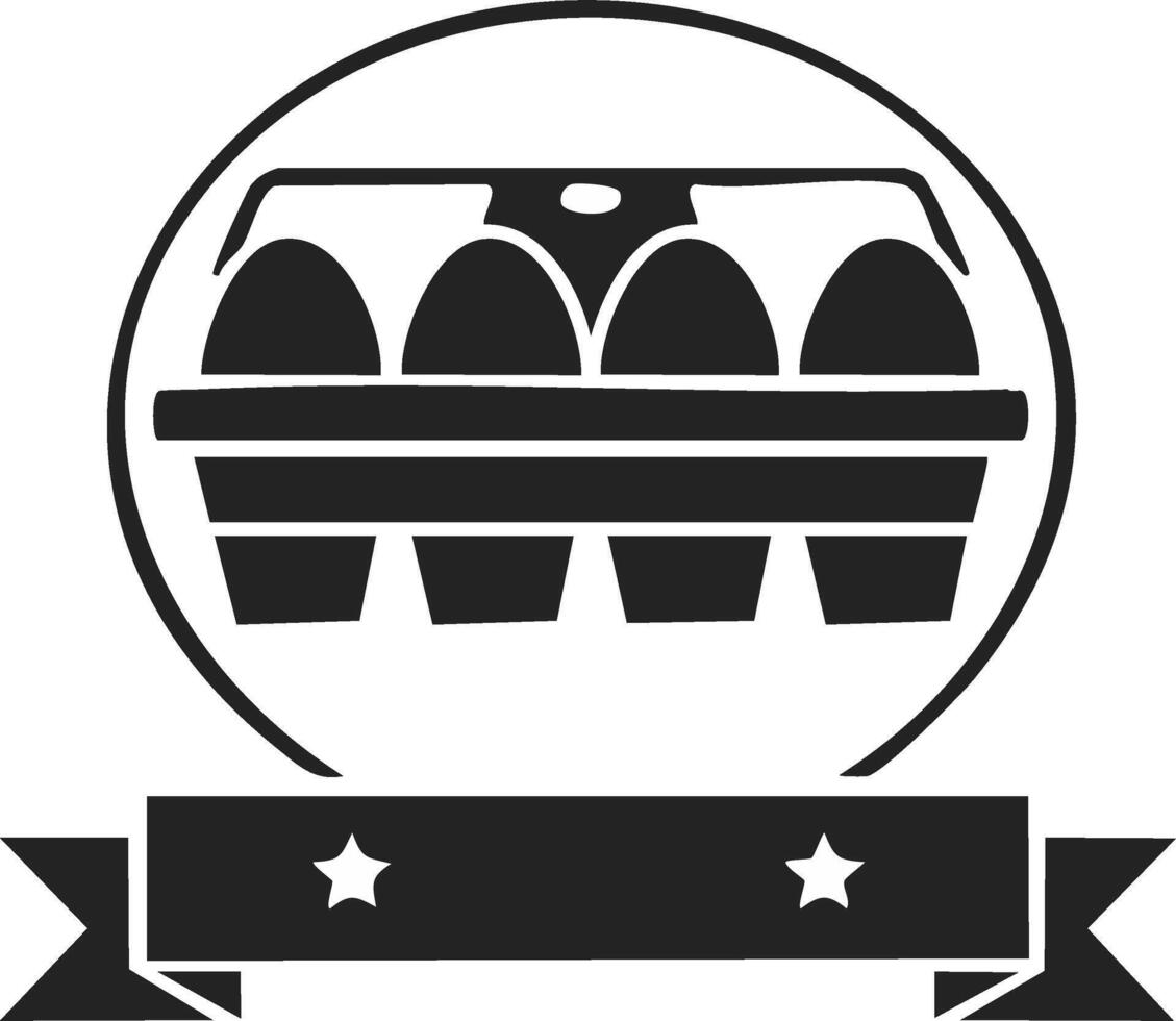 Eggs in a carton icon design inside a circular frame with a decorative banner and stars vector